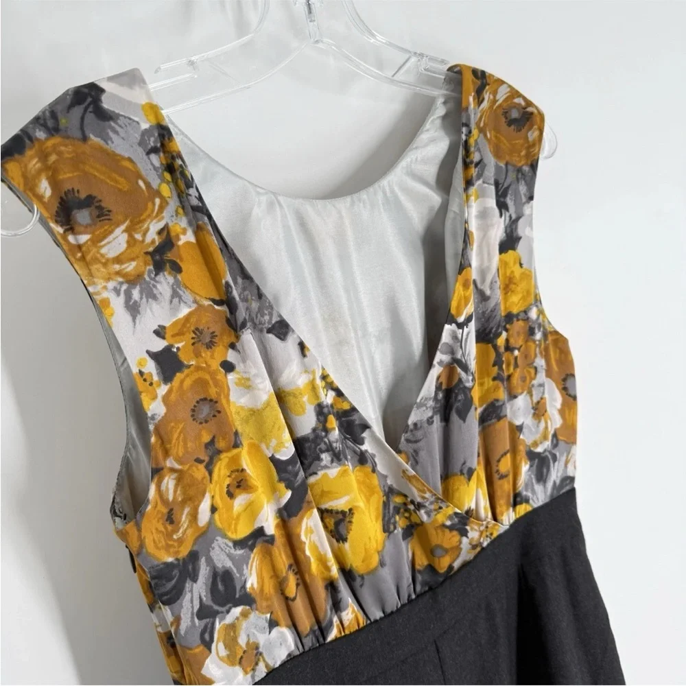 J Crew Silk Wool Dress Womens Size 6 Mustard Floral Charcoal Gray Sheath